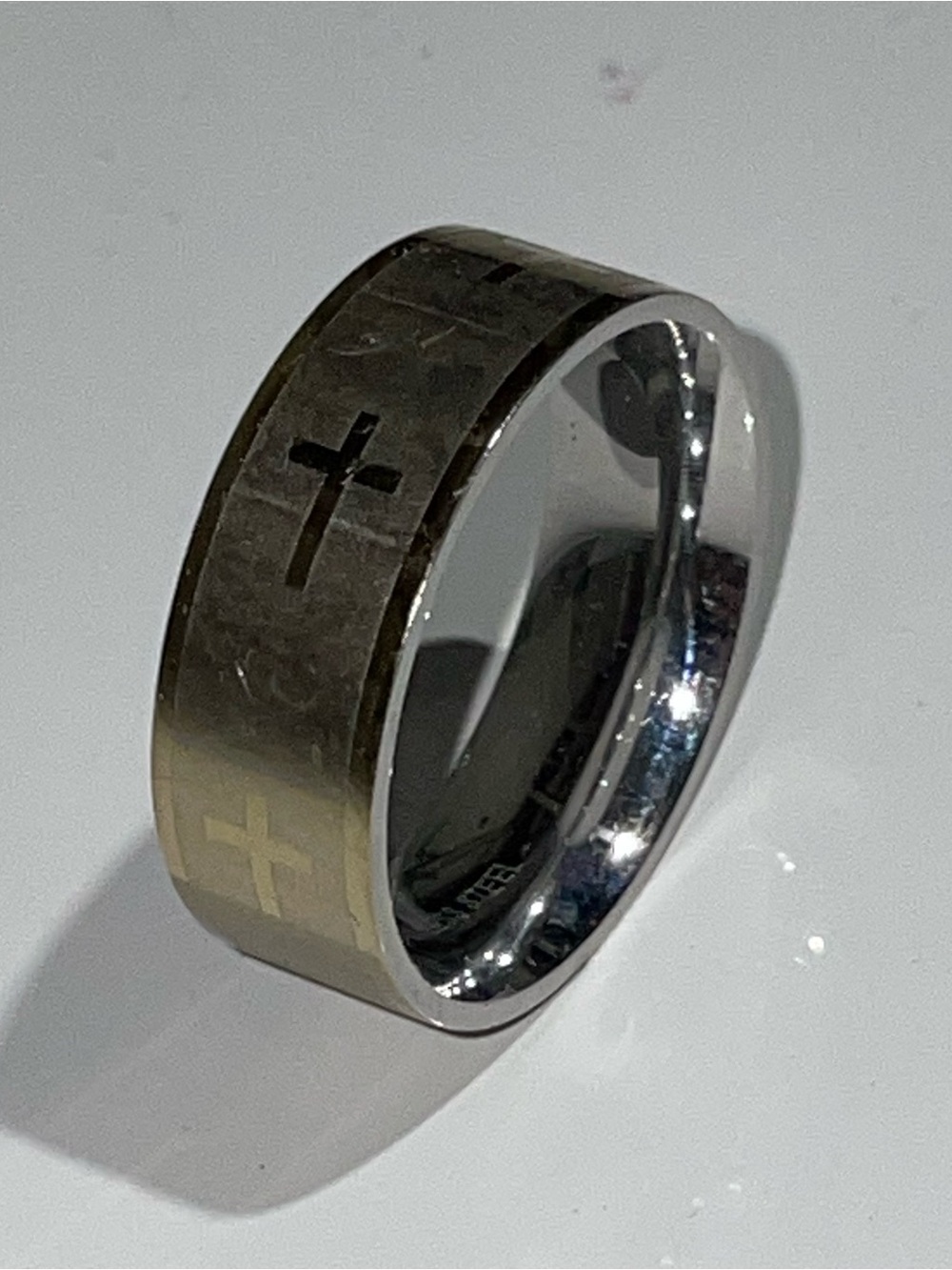 Men's Cross Band Ring in Two-Tone Silver and Gold Stainless Steel